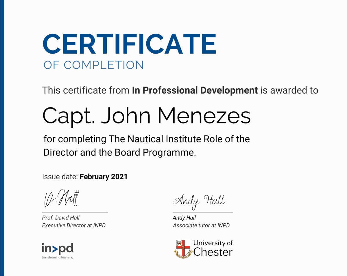 Capt John Menezes Certificate NI